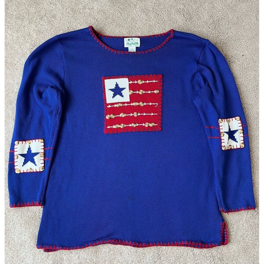 Quacker Factory Sweater Womens L American Flag Button Embroidery Granny Core